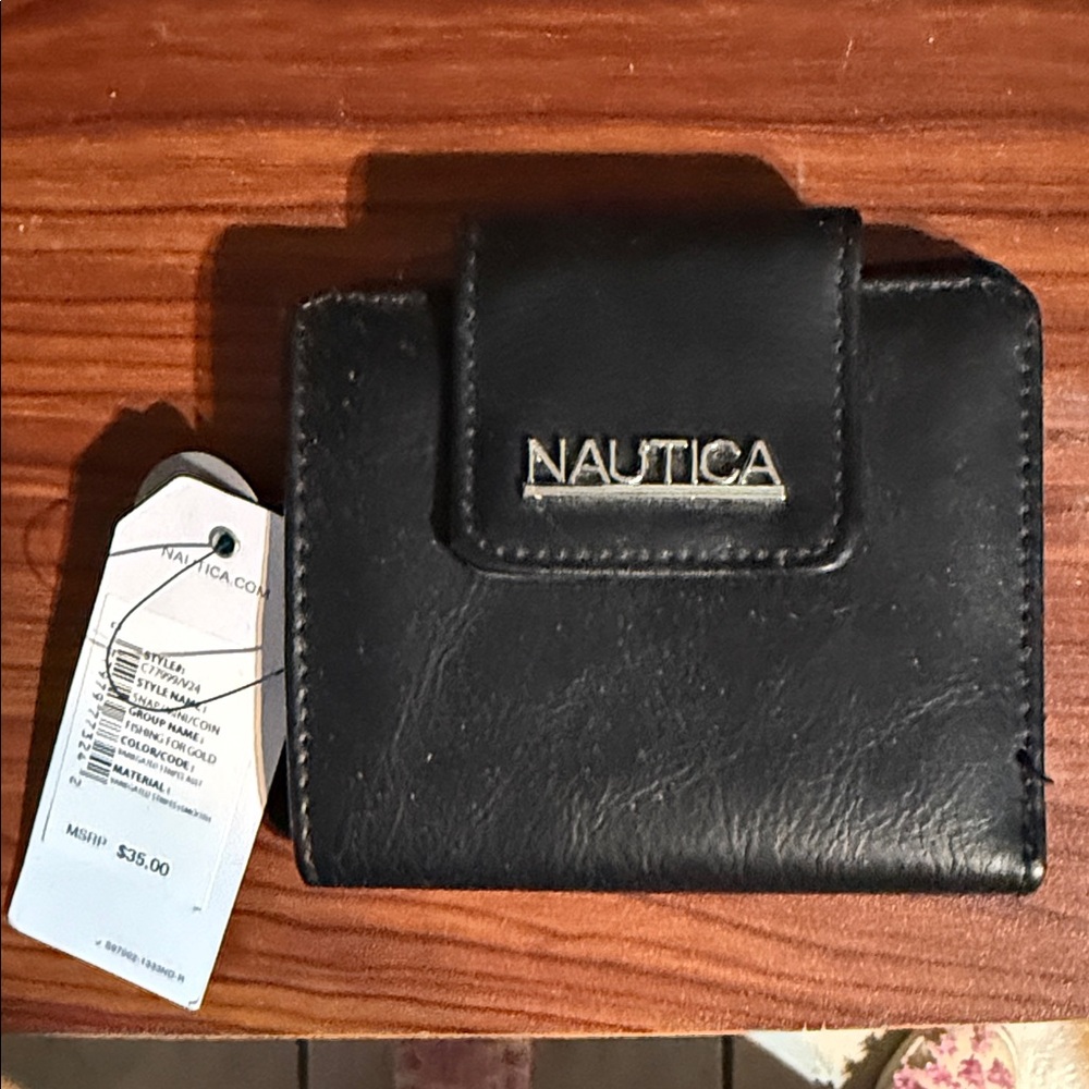 Nautica Black Leather Compact Wallet with Metal Logo